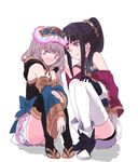  atelier_(series) atelier_meruru atelier_totori bare_shoulders black_hair black_panties blonde_hair blue_footwear blue_legwear blue_sleeves blush boots detached_sleeves hair_ornament long_sleeves maromi_(am97) mimi_houllier_von_schwarzlang multiple_girls panties pantyshot pantyshot_(sitting) pink_eyes ponytail shirt sitting skirt smile tears thigh_boots thighhighs totooria_helmold underwear white_legwear wide_sleeves yuri 