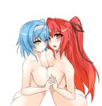 ahoge ass blue_hair blush breast_press breasts hairband holding_hands interlocked_fingers large_breasts long_hair looking_at_viewer multiple_girls naruse_mio neck_tattoo nonaka_yuki nude open_mouth red_eyes red_hair rindou_(faker's_manual) shinmai_maou_no_testament symmetrical_docking tattoo transparent_background yellow_eyes 