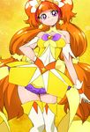  amanogawa_kirara bare_shoulders breasts brown_hair cleavage cure_twinkle earrings gloves go!_princess_precure hand_on_hip jewelry long_hair looking_at_viewer magical_girl manji_(tenketsu) medium_breasts precure purple_eyes smile solo star star_earrings thighhighs twintails very_long_hair white_gloves 