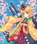  blonde_hair blue_eyes blush cherry_blossoms day fred0092 hair_ornament highres japanese_clothes kii_(monster_strike) long_sleeves looking_at_viewer monster_strike outstretched_arm short_hair sky solo tree turret 