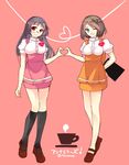  ;d alternate_costume anna_miller black_hair blue_eyes brown_hair choukai_(kantai_collection) cup glasses hair_ornament heart heart_hands heart_hands_duo heart_of_string kantai_collection long_hair mary_janes maya_(kantai_collection) menu multiple_girls one_eye_closed open_mouth red_eyes shoes short_hair smile teacup teramoto_kaoru translation_request twitter_username waitress 