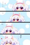  1girl 4koma :&lt; :3 :o absurdres animal_ears azur_lane bangs blush bunny_ears chibi closed_mouth comic commentary_request eyebrows_visible_through_hair eyes_closed gloves hair_between_eyes hair_ornament hairband hands_up heart highres kurukurumagical laffey_(azur_lane) long_sleeves parted_lips petting red_eyes red_hairband silver_hair translation_request twintails white_gloves 