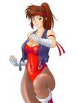  1girl artist_request breakers breasts brown_eyes brown_hair brown_legwear cleavage fighting_stance headband jacket leg_up leg_warmers leotard looking_at_viewer pantyhose ponytail simple_background smile solo tia_langray white_background wrist_wraps 