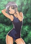  armpits arms_up blue_swimsuit breasts brown_eyes cameltoe chuunenpi contrapposto covered_nipples dark_skin nagato_yuki one-piece_swimsuit purple_hair school_swimsuit short_hair small_breasts solo standing suzumiya_haruhi_no_yuuutsu swimsuit tan wet wet_hair 