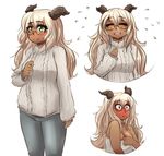  1girl aran_sweater bare_shoulders blush breasts bust cleavage constricted_pupils denim embarrassed eyes_closed full-face_blush glasses goat_girl goat_horns gray_topwear green_eyes jeans large_breasts light_brown_hair liliana_rodica long_hair long_sleeves monster_girl okamaka open_mouth original pants simple_background smile solo sweater towel turtleneck upper_body white_background 