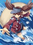  brown_hair furrowed_eyebrows grin highres kantai_collection maruki_(punchiki) onmyouji pointing ryuujou_(kantai_collection) scroll shikigami smile solo twintails twitter_username water 