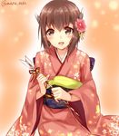  arrow bell blush brown_eyes brown_hair flower hair_between_eyes hair_flower hair_ornament hamaya headgear japanese_clothes jingle_bell kantai_collection kimono looking_at_viewer maruki_(punchiki) obi sash short_hair solo taihou_(kantai_collection) twitter_username 