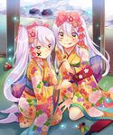  facepaint hagoita hanetsuki japanese_clothes kimono long_hair multiple_girls official_art paddle purple_hair senjou_no_electro_girl shina_shina yellow_eyes 