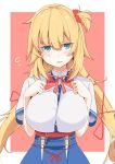  1girl akai_haato between_breasts blonde_hair blue_eyes blush breasts commentary_request hair_ornament hands_on_own_chest heart heart_hair_ornament hololive kichihachi large_breasts long_hair looking_at_viewer open_mouth portrait simple_background solo string_tie sweat virtual_youtuber 