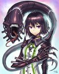  alien android black_hair claws cyborg gia looking_at_viewer mecha mechanical_arm monster mutant original purple_eyes robot saliva science_fiction serious short_hair signature slime solo teeth tongue tongue_out 