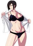  1girl aoyanagi_risa black_hair breasts brown_eyes cameltoe large_breasts lime_(purple_haze) lingerie looking_at_viewer midriff mole navel open_shirt psycho-pass shirt smile thighs underwear undressing 