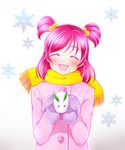  blush closed_eyes kagami_chihiro mittens open_mouth pink_hair precure scarf short_hair simple_background smile snowflakes solo twintails winter winter_clothes yes!_precure_5 yes!_precure_5_gogo! yumehara_nozomi 