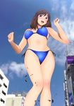  1girl absurdres bikini blue_eyes blush breasts brown_hair building city cloud clouds giant giantess highres large_breasts legs looking_down navel open_mouth short_hair sky solo standing swimsuit thighs yadokari_genpachirou 