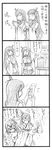  2girls 4koma :d alternate_hair_length alternate_hairstyle bbb_(friskuser) burning burning_hand closed_eyes comic detached_sleeves fire fusou_(kantai_collection) greyscale hair_ornament highres kantai_collection long_hair monochrome multiple_girls nontraditional_miko omikuji open_mouth pleated_skirt praying revision short_hair skirt smile translated yamashiro_(kantai_collection) 