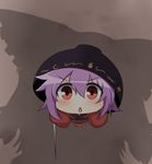  :o bowl bowl_hat chibi from_above hakurei_reimu hat holding_needle japanese_clothes kimono looking_at_viewer multiple_girls needle open_mouth orange_eyes purple_hair shadow short_hair silhouette sukuna_shinmyoumaru touhou twumi v-shaped_eyebrows 