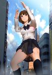  1girl absurdres blush bow bowtie bra breasts brown_hair building city clothes_around_waist cloud clouds giant giantess highres large_breasts legs looking_away red_eyes school_uniform serious short_hair skirt sky socks solo standing thighs torn_clothes underwear yadokari_genpachirou 