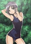  armpits arms_up blue_swimsuit breasts brown_eyes cameltoe chuunenpi contrapposto covered_nipples nagato_yuki one-piece_swimsuit purple_hair school_swimsuit short_hair small_breasts solo standing suzumiya_haruhi_no_yuuutsu swimsuit wet wet_hair 
