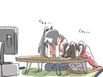  black_hair brown_hair cink-knic commentary cushion hair_ribbon houshou_(kantai_collection) kantai_collection long_hair multiple_girls ponytail ribbon ryuujou_(kantai_collection) sitting sketch sleeping table television twintails 