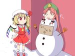  asymmetrical_hair asymmetrical_wings blonde_hair braid dress expressionless flandre_scarlet hat hong_meiling long_hair looking_at_another md5_mismatch mob_cap multiple_girls nose_bubble open_mouth puffy_short_sleeves puffy_sleeves red_dress red_eyes shoes short_hair short_sleeves sleeping snow snowman socks star touhou translated twin_braids utakata_(azaka00) wings 