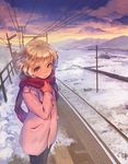  blonde_hair brown_eyes coat gloves looking_at_viewer lowres original outdoors railroad_tracks red_scarf scarf sky snow solo tactile_paving weno weno's_blonde_original_character winter 
