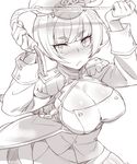  :&lt; bangs blunt_bangs blush bob_cut breasts character_request cleavage cleavage_cutout epaulettes gloves greyscale hat highres large_breasts looking_at_viewer military military_uniform monochrome naso4 peaked_cap pinky_out short_hair solo uniform whip 