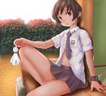  1girl brown_eyes brown_hair child female kokiharu lapel_pin looking_at_viewer matching_hair/eyes navel necktie outdoors shirt short_hair sitting skirt sky solo teruterubouzu tree unbuttoned watch wristwatch 