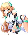  all_fours angela_balzac aqua_eyes armor bangs bare_shoulders black_gloves blonde_hair blunt_bangs blush breasts chouzetsu_yarou covered_navel elbow_gloves from_side gloves hair_ornament halterneck hanging_breasts headgear high_heels large_breasts leotard light_smile long_hair looking_at_viewer low_twintails rakuen_tsuihou shadow simple_background smile solo thigh_strap turtleneck twintails vambraces very_long_hair white_background 