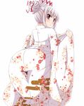  alternate_costume alternate_hairstyle ass bangs bent_over bow ears egasumi floral_print from_behind fujiwara_no_mokou hair_bow hair_bun hair_up highres japanese_clothes kimono long_sleeves looking_at_viewer looking_back red_eyes silver_hair simple_background sleeves_past_wrists solo touhou undressing utakata_(azaka00) very_long_sleeves white_background wide_sleeves 