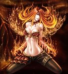  1girl bra breasts defense_of_the_ancients dota_2 fire large_breasts lina_(dota_2) lina_inverse_(dota_2) long_hair sitting solo underwear 