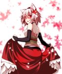  animal_ears bad_id bad_pixiv_id blush bridal_gauntlets cowboy_shot elbow_gloves fang gloves hat highres inubashiri_momiji leaf leaf_background leaf_on_head looking_at_viewer looking_back open_mouth red_eyes red_skirt s-syogo shirt short_hair silver_hair skirt sleeveless sleeveless_shirt solo tokin_hat touhou white_shirt wolf_ears 