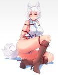  2017 animal_humanoid bdsm blush bondage boots bound breasts butt camel_toe canid canid_humanoid canine canine_humanoid clothed clothing ehrrr female fluffy fluffy_tail footwear fur hair hi_res humanoid inner_ear_fluff looking_at_viewer mammal momiji_inubashiri red_eyes rope rope_bondage rope_harness simple_background skimpy solo touhou white_background white_fur white_hair 