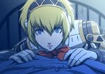  aegis_(persona) android bed blonde_hair blue_eyes commentary daniel_macgregor headphones looking_at_viewer md5_mismatch night persona persona_3 pov ringed_eyes robot_joints short_hair solo 