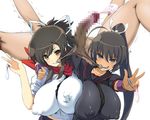  1boy 2girls asuka_(senran_kagura) breast_press breasts castration cbt cfnm clothed_female_nude_male condom condom_filling cum ejaculation erect_nipples femdom homura_(senran_kagura) huge_breasts multiple_girls penis senran_kagura senran_kagura_(series) tamakeri testicles torture 