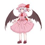  ascot bat_wings batta_(ijigen_debris) blue_hair bow dress full_body hat hat_bow mary_janes mob_cap pink_dress red_eyes remilia_scarlet sash shoes short_hair smile solo touhou white_background wings wristband 