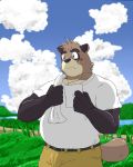  2010 anthro belly canid canine clothing crying humanoid_hands male mammal outside overweight overweight_male pants raccoon_dog shiba-kenta shirt solo tanuki tears 