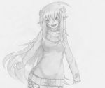  :d breasts choker cowboy_shot fang greyscale hair_ornament hairclip k4t4n4art lamia long_hair long_sleeves md5_mismatch medium_breasts miia_(monster_musume) monochrome monster_girl monster_musume_no_iru_nichijou open_mouth pointy_ears resized scales sketch smile solo sweater traditional_media upscaled very_long_hair 