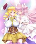  alternate_breast_size beret blonde_hair blush breasts cleavage corset covered_nipples detached_sleeves dress drill_hair fingerless_gloves gloves hair_ornament hair_ribbon hairpin hat highres holding_hands huge_breasts kaname_madoka long_hair magical_girl mahou_shoujo_madoka_magica mizuumi_(bb) multiple_girls open_mouth pink_hair pleated_skirt puffy_sleeves ribbon short_hair skirt smile spoilers striped striped_legwear tomoe_mami twin_drills two_side_up ultimate_madoka vertical-striped_legwear vertical_stripes yellow_eyes 