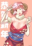  aries_(fairy_tail) bad_id bad_pixiv_id breasts cloud_print elbow_gloves fairy_tail gloves highres horns japanese_clothes large_breasts looking_at_viewer off_shoulder one_eye_closed pink_hair sheep_girl sheep_horns short_hair solo telescopic wavy_hair 