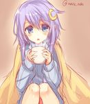  blanket blush crescent crescent_hair_ornament cup hair_ornament holding holding_cup kantai_collection maruki_(punchiki) mug open_mouth purple_hair ribbed_sweater sketch solo steam sweater turtleneck twitter_username yayoi_(kantai_collection) 