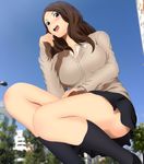  1girl absurdres blue_eyes blush breasts brown_hair building city giant giantess highres large_breasts legs long_hair looking_at_viewer open_mouth school_uniform skirt sky socks solo squatting thighs tree trees yadokari_genpachirou 
