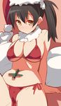  9law arm_support belly bikini blush breasts brown_eyes cameltoe christmas cleavage hat highres kaga_(kantai_collection) kantai_collection large_breasts long_hair midriff navel santa_hat side_ponytail solo string_bikini swimsuit 
