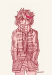  artist_name blush covered_mouth cowboy_shot hands_in_pockets herokick highres jacket kill_la_kill matoi_ryuuko messy_hair monochrome pants scarf scarf_over_mouth short_hair simple_background solo standing striped striped_scarf winter_clothes 