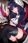  beatmania beatmania_iidx black_legwear blue_hair english fang kayase long_hair looking_at_viewer male_focus open_mouth purple_eyes rche_(beatmania) sketch smile solo staff thighhighs thighs wings 