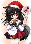  1girl animal_ears bare_shoulders blush brooch brown_hair choker dress fang food hat highres imaizumi_kagerou iwaki_hazuki jewelry long_hair looking_at_viewer nail_polish open_mouth red_eyes saliva santa_hat solo symbol-shaped_pupils tail tail_wagging touhou translated wolf_ears wolf_tail 