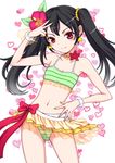  bare_arms bare_shoulders bikini black_hair commentary cowboy_shot earrings flower green_nails hair_flower hair_ornament heart heart_background hibiscus jewelry looking_at_viewer love_live! love_live!_school_idol_project nail_polish natsuiro_egao_de_1_2_jump! navel orebalgum red_eyes smile solo star star_earrings striped striped_bikini swimsuit twintails v yazawa_nico 