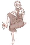  alice_margatroid barefoot blush capelet dress feet foot_hold glasses hairband highres kuro_suto_sukii limited_palette puffy_short_sleeves puffy_sleeves sash short_sleeves sitting sketch smile solo toe_scrunch touhou 