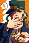  1boy bad_id bad_pixiv_id blue_eyes blue_hair blush chain doromaso food food_on_face hat highres jojo_no_kimyou_na_bouken kuujou_joutarou lips male_focus multicolored multicolored_eyes pink_eyes shawarma solo speech_bubble stardust_crusaders steely_dan upper_body |_| 