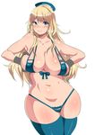  1girl atago_(kantai_collection) bare_shoulders blonde_hair blue_eyes blush breast_hold breasts cleavage curvy do-gan-vip-mokkori female gloves green_eyes hat huge_breasts kantai_collection long_hair looking_at_viewer navel plump simple_background smile solo standing thick_thighs thighhighs thighs wide_hips yac_(mokkori) 