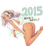  2015 animal_costume ass barefoot blonde_hair blue_eyes bottomless bracelet breasts cable dark_skin fake_horns grin headphones highres horns jewelry large_breasts long_hair looking_back mahito original sheep_costume sleeveless smile solo sweater tan thighs translation_request wool 