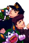  bad_id bad_pixiv_id blue_eyes clone dog doromaso green_eyes hat higashikata_jousuke highres iggy_(jojo) jojo_no_kimyou_na_bouken kuujou_joutarou multiple_boys pompadour purple_hair turtleneck 